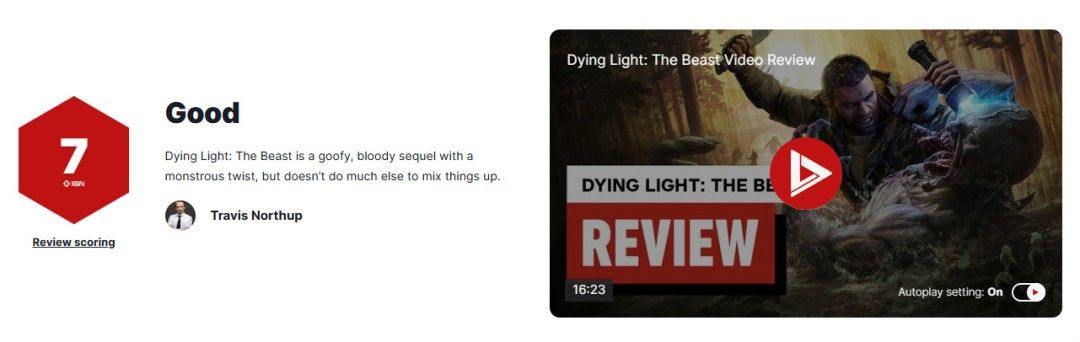 IGN评分页面截图，《消逝的光芒：困兽》评分为7分，标题为‘更多暴力，更多乐趣，但也更多套路’