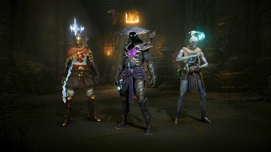 玩家在登凌模式中穿越昏暗走廊，前方出现发光的道标石柱，背景有巨大怪兽剪影逼近