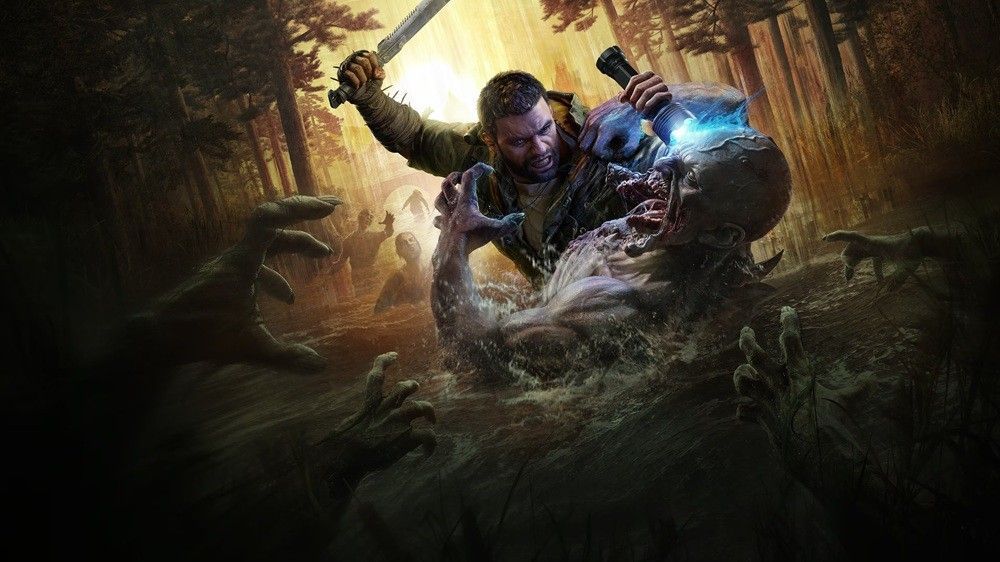 《消逝的光芒：困兽》发售宣传片截图，主角在昏暗森林中持武器警戒，背景弥漫着诡异雾气