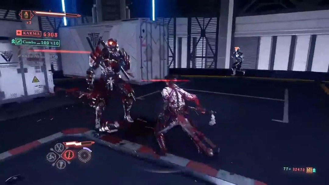 战斗场景中的慢动作特写，刀光与血雾交织，展现极致暴力美学