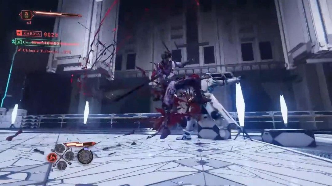 城市废墟中的夜战场面，八云在屋顶间穿梭，追击敌人