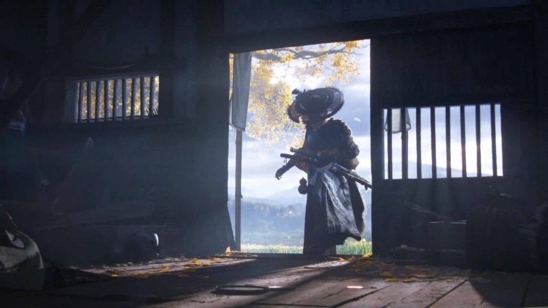 游戏中广阔的雪原场景，远处有冒着烟的村落，氛围肃杀