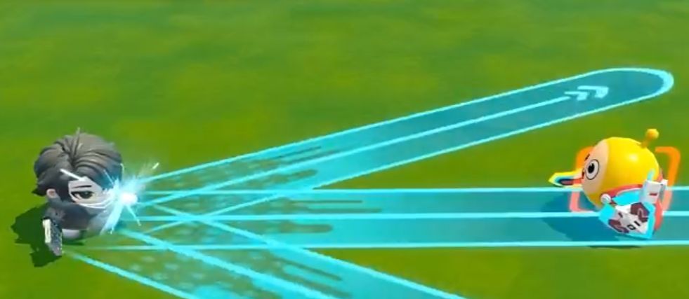 双面教师滑铲动作特写，身后拖曳着蓝色能量轨迹，沿途敌人被击退并标有减速图标