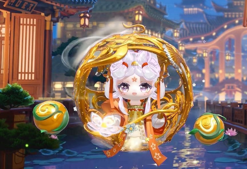 青花瓷盖宝儿皮肤特写，蛋仔身穿蓝白瓷纹服饰，手持小瓷瓶