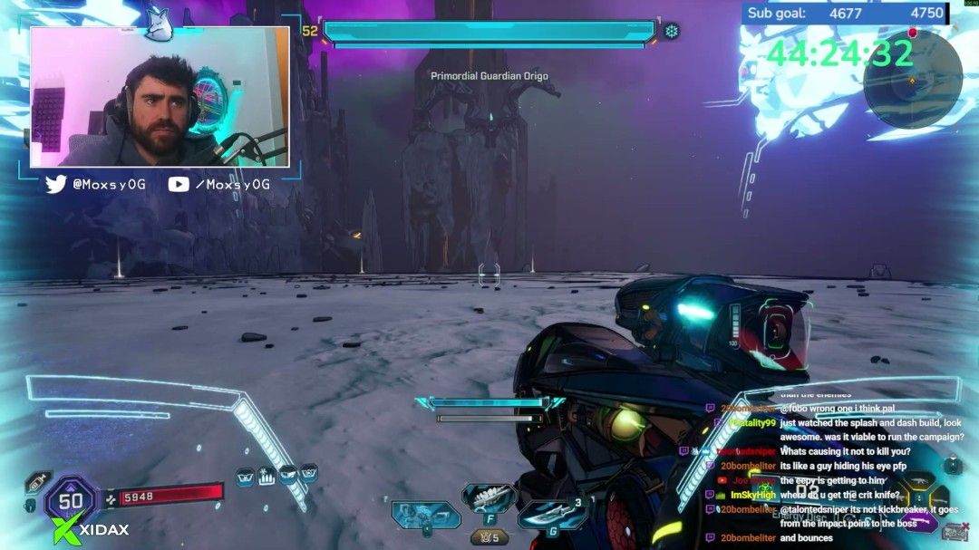 游戏内玩家手持‘五点星体’霰弹枪对Boss发动攻击，屏幕中央可见能量圆盘在敌人脚下连续爆炸