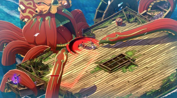 剑职角色在昏暗迷宫中挥刀斩击怪物的瞬间，刀光划破黑暗，特效炫丽