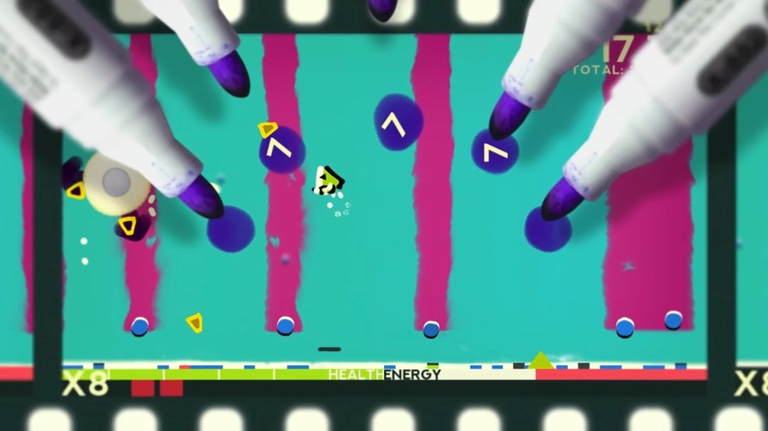 游戏中某一关卡场景，背景为复古色调的手绘画布纹理，前景是主角与形态奇特的手绘怪物展开对战