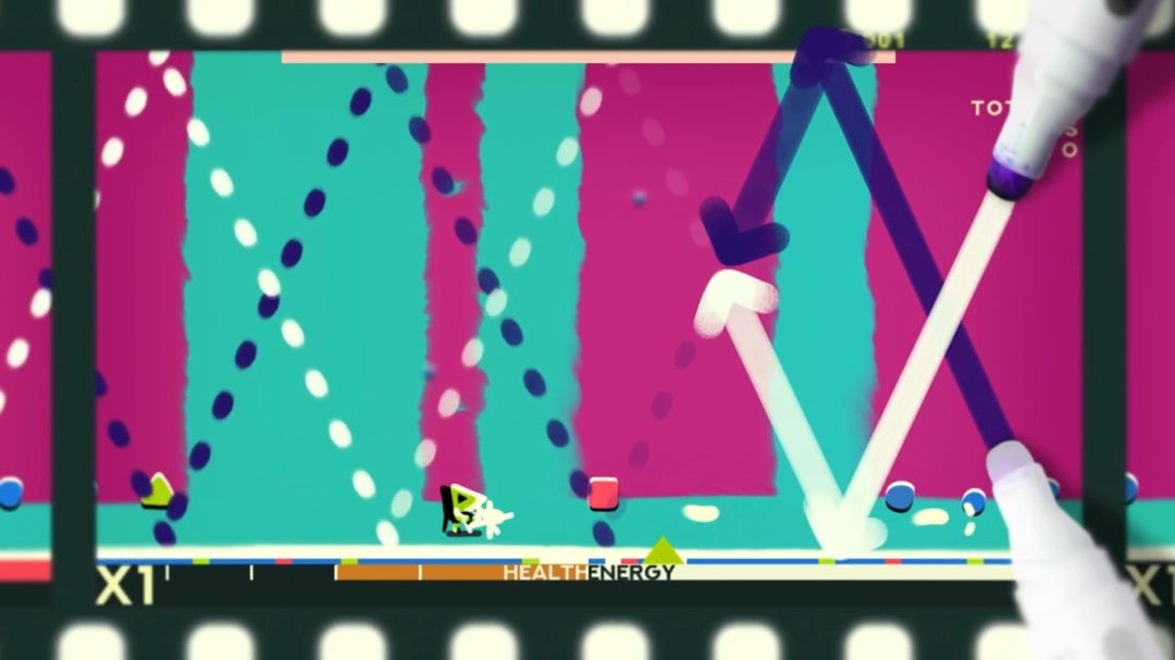 敌人设计特写，多个具有卡通表情和流畅线条的手绘生物漂浮在空中，释放弹幕攻击