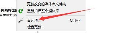 首选项选项被选中，下拉菜单中清晰列出各类设置条目