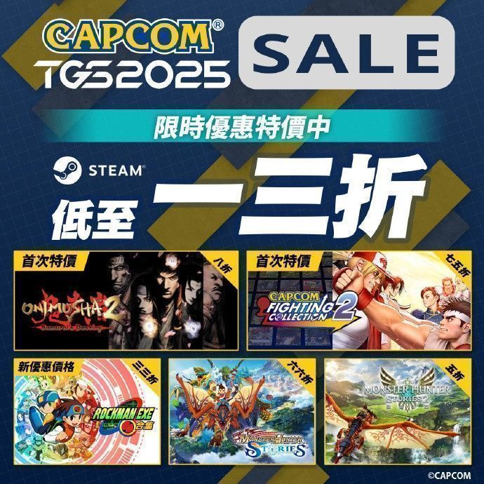 Steam平台上卡普空TGS特惠活动页面截图，展示多款经典游戏大幅降价信息