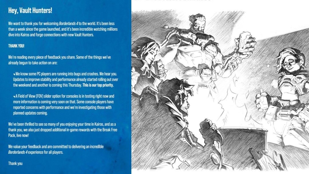 开发者团队正在调试代码界面，屏幕上显示《无主之地4》的性能监控数据图表