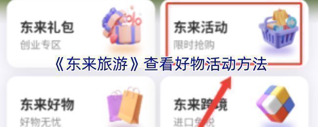 东来旅游APP首页界面展示，页面中突出标注了活动专区和好物推荐入口位置