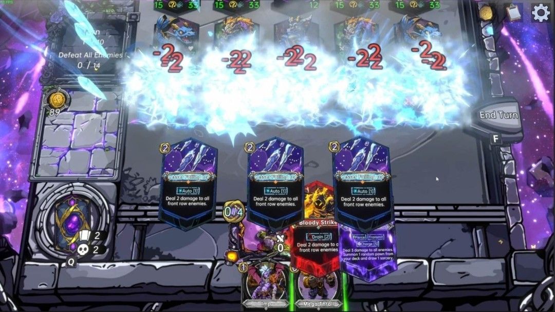 游戏中战斗场景截图，主角站在祭坛之上，面对巨大浮空卡牌阵列，背景是扭曲的神殿结构