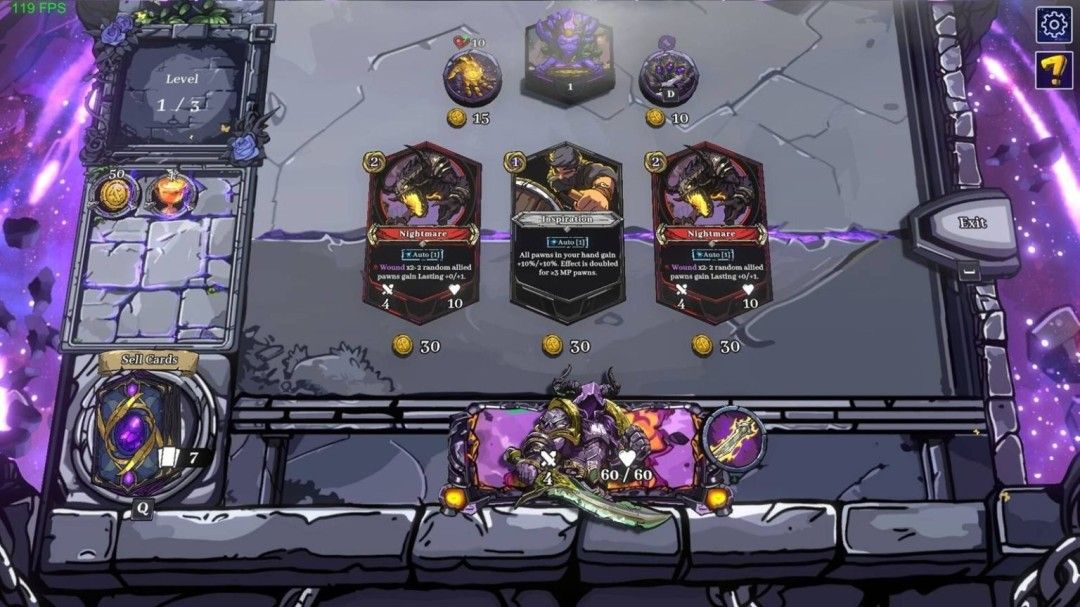 卡牌构筑界面展示，多种技能卡、增益效果与神器图标排列整齐，界面科技感十足