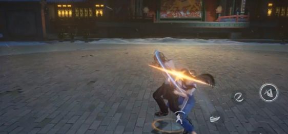 冯宝宝使用‘无敌风火轮’旋转攻击敌人的动态画面，周围火花四溅