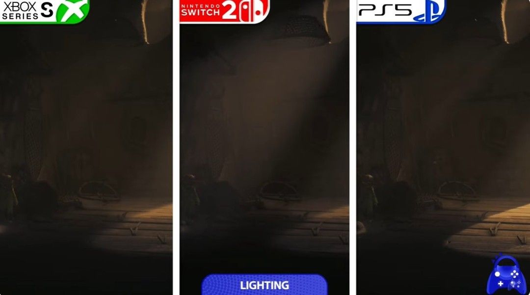 角色面部特写对比，显示PS5版本皮肤纹理更真实，Switch 2略显模糊