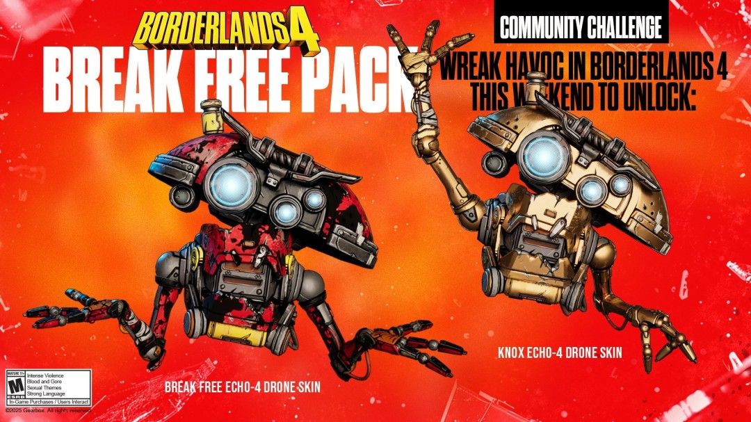 游戏界面展示ECHO-4无人机皮肤及“挣脱束缚包”内容，包含独特涂装与装饰配件