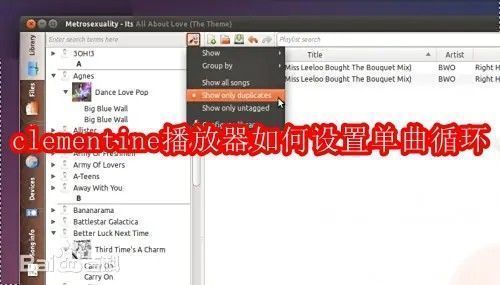 clementine音乐播放器主界面展示，界面清晰简洁，左侧为歌单列表，右侧为正在播放的歌曲信息