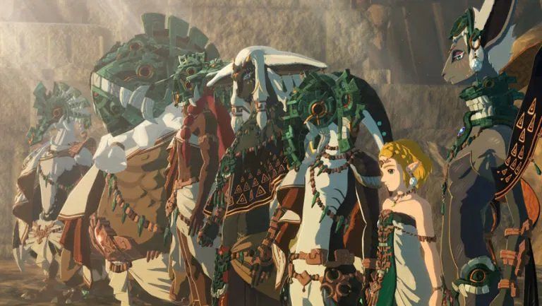 游戏概念图或过场动画片段，描绘古代海拉鲁战场上的神秘身影轮廓