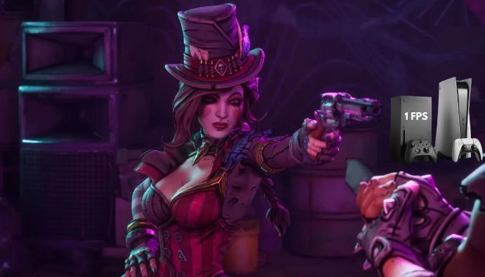 《无主之地 4》主机版实机画面截图，显示严重掉帧与画面撕裂