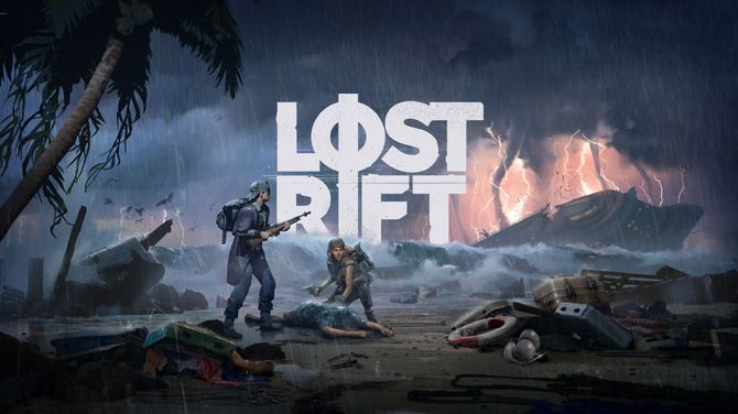 《Lost Rift》游戏主视觉图，一名武装角色站在荒芜岛屿边缘，背后是翻滚的风暴与奇异光芒撕裂天空的异象