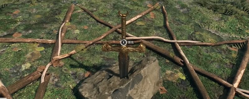 《消逝的光芒：困兽》中圣剑石中剑的特写画面，剑身嵌于石台之中，散发蓝色能量光效，周围环境破败充满末世感