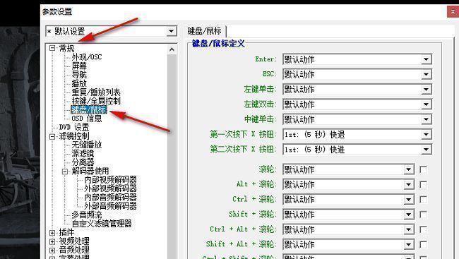 KMPlayer参数设置界面，键盘鼠标设置区域清晰可见