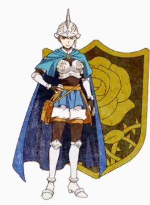 亚斯塔战斗姿态立绘，手持反魔法剑，周身缠绕黑色能量，眼神坚毅直视前方