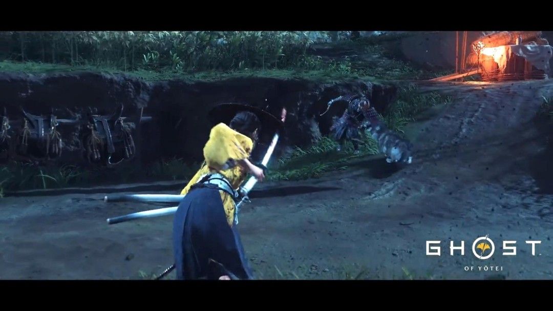 狼伙伴扑向一名武士，撕咬其腿部，为主角创造进攻机会