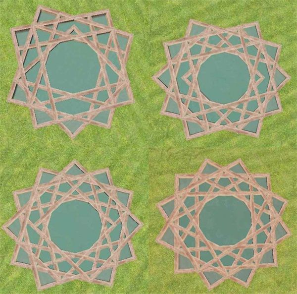 一名角色站在12块鱼塘中央投喂饲料，鱼群跃出水面形成优美弧线