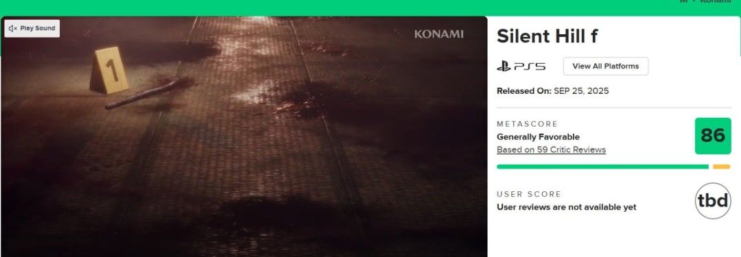 Metacritic网站上《寂静岭f》的评分页面截图，显示PS5和PC双平台均为86分，绿色调代表正面评价占据绝对主导
