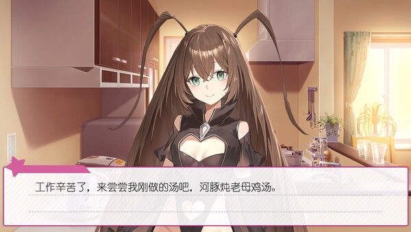 游戏场景截图，昏暗的厨房角落，水槽边泛着湿气，少女蹲坐在瓷砖上回眸微笑，长长的双马尾垂落在地，光影处理营造出诡异温馨感