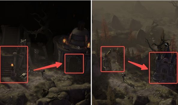 玩家角色站在开启的传送阵前，背景为破败神庙与远处山脉