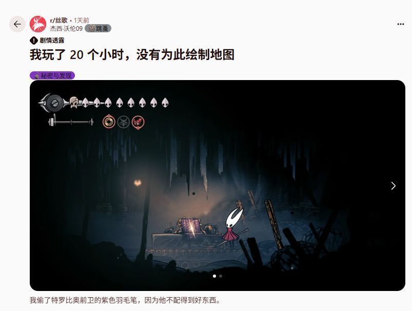 玩家在《空洞骑士：丝之歌》中展示获得的紫色羽笔，界面显示稀有物品掉落提示