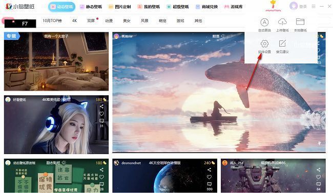 小鸟壁纸设置列表中，“软件设置”被选中，界面显示多个功能模块入口