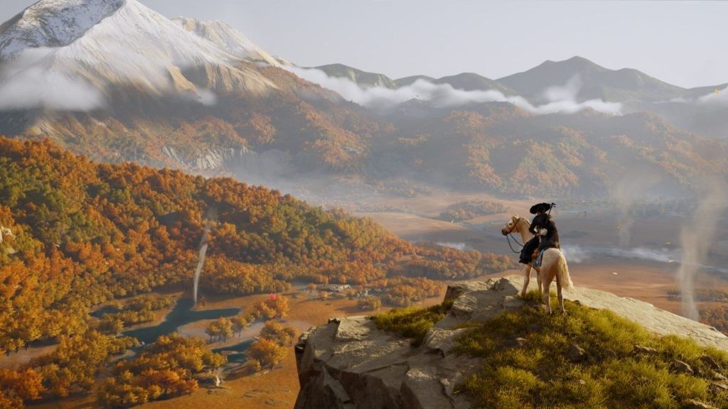 《羊蹄山之魂》女主角身着黄色传统服饰站立于燃烧后的村落废墟中，背景是漫天飞舞的金色叶片与浓烟交织的画面