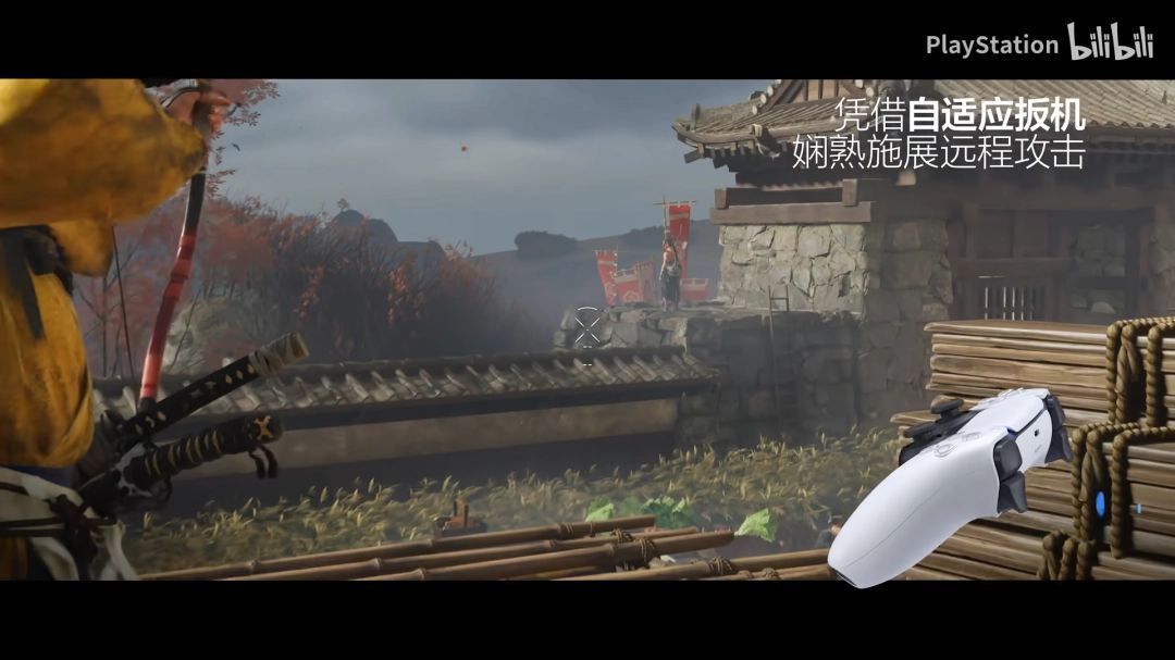 主角潜行接近敌人，背景为夜晚的村落，灯光昏黄，氛围紧张