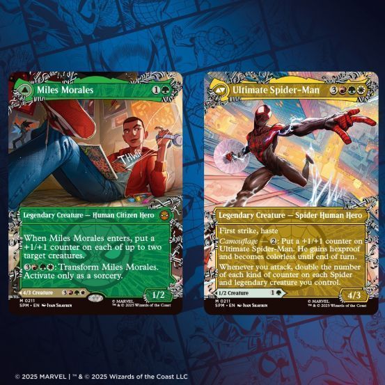 展览墙面上陈列多张联动卡牌，包括蜘蛛侠、迈尔斯·莫拉莱斯、格温·史黛西以及绿魔、毒液、章鱼博士等反派角色