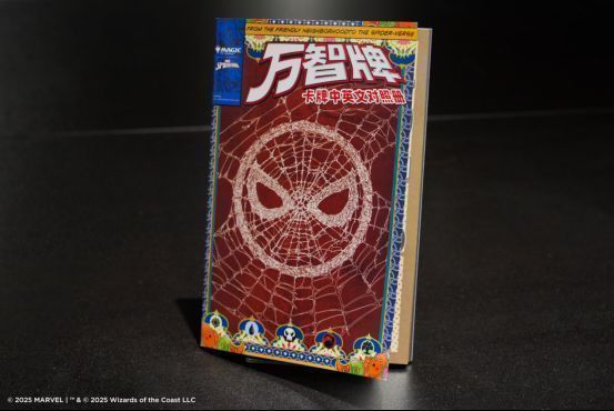 一名观众手持蜘蛛侠主题帆布袋和一本仿漫画书造型的万智牌卡册，在展板前合影留念