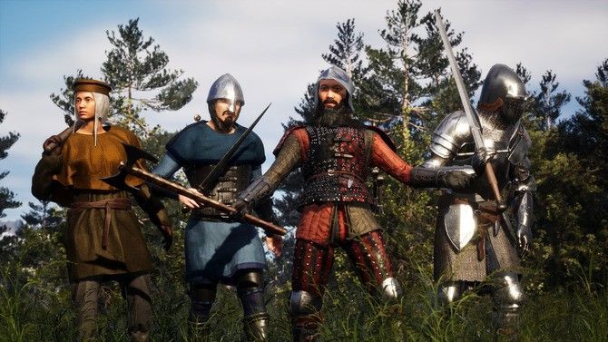 多名玩家组成阵型行军穿越森林，展示团队协作与大规模战斗潜力