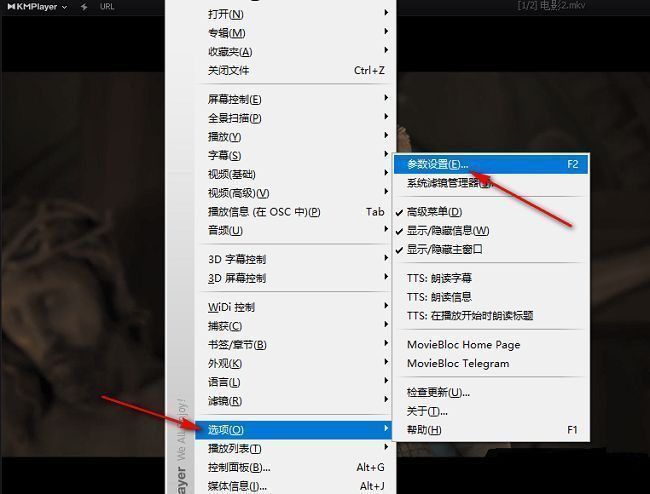 KMPlayer右键菜单展示，选项按钮被选中，准备进入参数设置