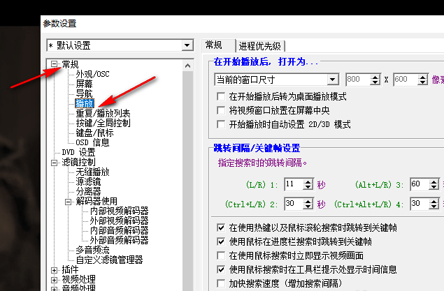 KMPlayer参数设置界面左侧列表，播放选项已高亮显示