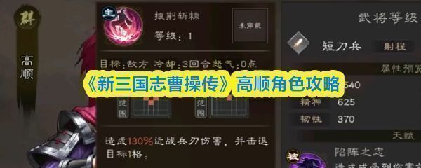 《新三国志曹操传》中高顺角色立绘展示，身披重甲手持盾刀，气势凛然