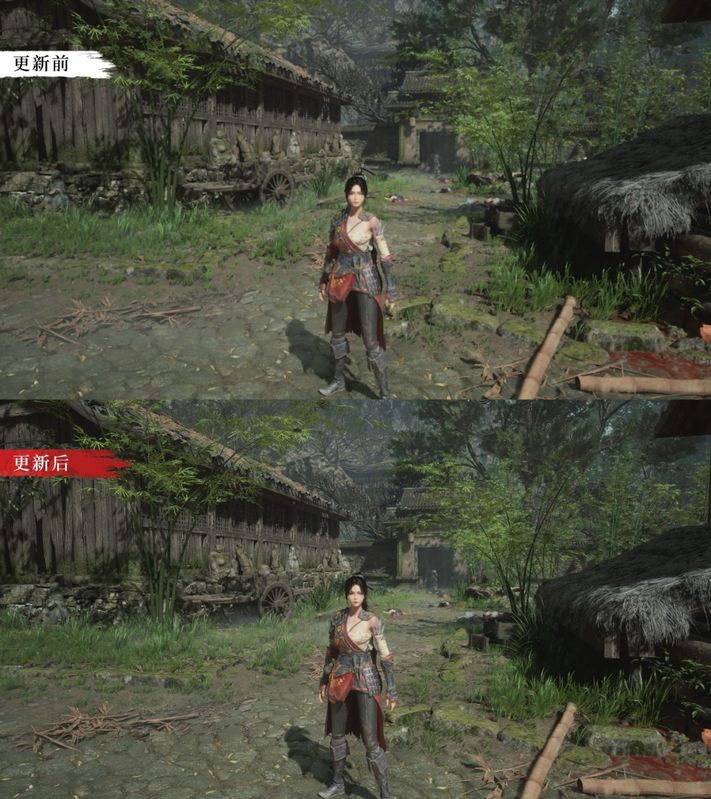 《明末：渊虚之羽》DLSS画质对比图，左侧为更新前画面模糊，右侧为更新后清晰锐利，场景为古寺庭院