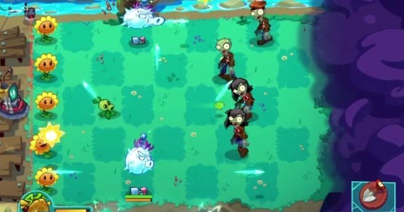 战斗场景中一只巨型火焰僵尸正释放爆炸技能，前方多株植物被击退，画面特效炫目