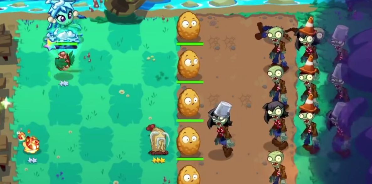 多人对战界面展示两名玩家在花园地图中展开对决，双方植物激烈交锋，界面上方显示积分排名