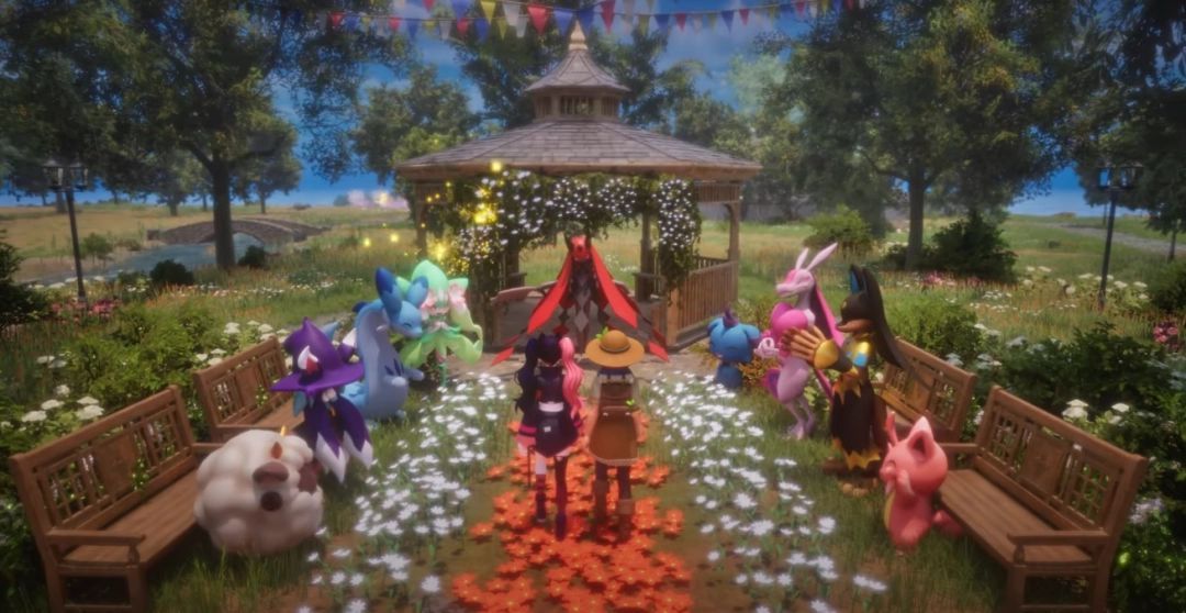 玩家与帕鲁一起驾驶小型农用车辆穿梭于田埂之间