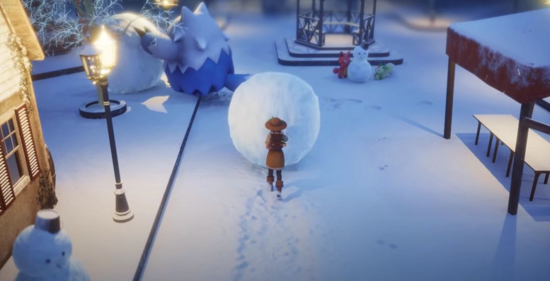 节日装饰场景，彩旗飘扬，帕鲁们载歌载舞庆祝丰收