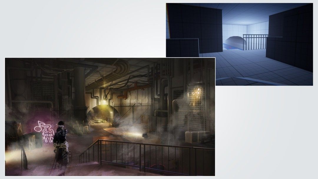 狭窄巷道内的潜行场景，主角隐匿于阴影中，前方有巡逻敌人，强调战术氛围