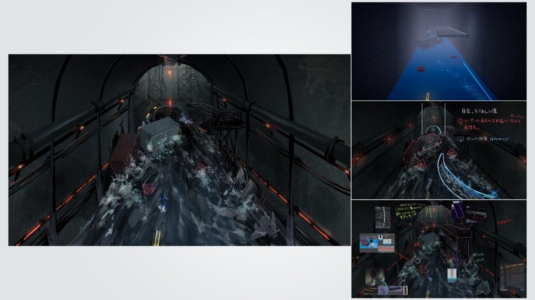 空中战斗场景概念图，主角在飞行敌人的包围中穿梭斩击，背景为夕阳下的城市天际线